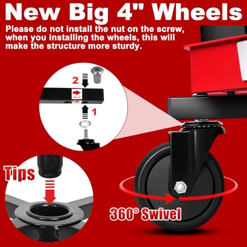FreekyFit Rolling Shop Stool with Wheels, Adjustable Garage Mechanic Stool Seat Shop Roller Work Chair Mobile Rolling Seat with Tool Tray, 2 Cup Holders, 4" Casters, 350 LBS, Heavy-Duty, Red