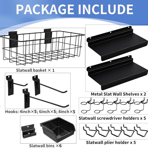 BeapTcely 40 Pcs Slatwall Accessories Set - Includes Metal Wire Baskets, Storage Bins, Hooks, Screwdriver Holders and Shelves for Garage and Room Storage