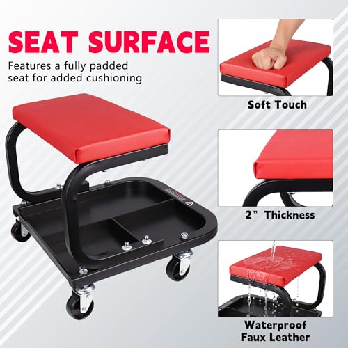 QCUNMAG Rolling Creeper Garage/Shop Seat, Padded Rolling Workshop Stool with Tool Tray Storage, Mechanic Stool for Garage, Shop, Auto Repair, 250 LBS Capacity, Red