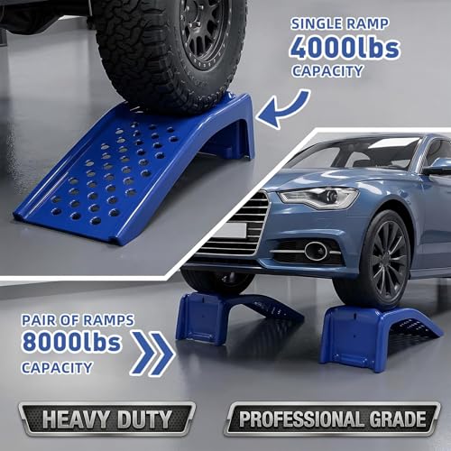 Heavy Duty Car Ramps for Oil Changes, 2 Pack Solid Steel Vehicle Ramps, 8,000 LBS Capacity Per Pair, 35" x 12" x 9.5", Auto Service Ramps, 9" Tire Track Width, Traction Hole Surface, Blue