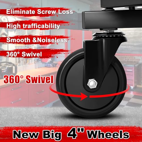 FREEKYROCK Rolling Stool with Wheels, Adjustable Height Pneumatic Garage Work Mechanic Stool Seat with Backrest, 400 LBS Capacity 360° Swivel Mechanic Crepper Chair with Tool Tray Storage, Red
