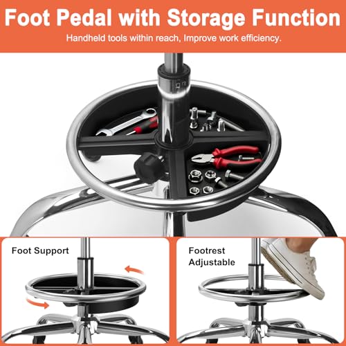 LWADALN Garage Stool with Backrest, Mechanics Rolling Chair Adjustable Footrest, Workshop Chair with Storage Tray, Rolling Shop Stool Height Adjustable, Swivel Task Chair for Salon Tattoo (Black)