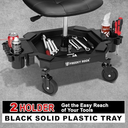 FREEKYROCK Rolling Stool with Wheels, Adjustable Height Pneumatic Garage Work Mechanic Stool Seat with Backrest, 400 LBS Capacity 360° Swivel Mechanic Crepper Chair with Tool Tray Storage, Black