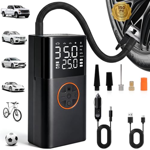 HXHWISE Tire Inflator Portable Air Compressor, 150PSI Dual Power Cordless & 12V Car Plug, Fast Inflation Air Pump with LCD Display & Auto-Stop, for Car Tires, Motorcycle, Bike & Ball