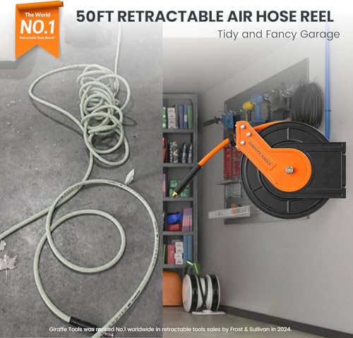 Giraffe Tools Retractable Air Hose Reel 50ft 3/8" Hybrid Hose Garage