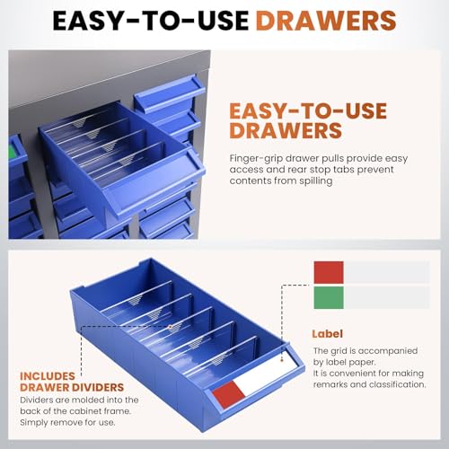Nut and Bolt Storage Cabinet with ABS Drawer,Steel Small Parts Storage Organizer,36" H X 9" D X26 W Screw Organization for Hardware,Nails,Fastener,Bolts,Nuts,and More,Blue Drawers (75 ABS Drawers)