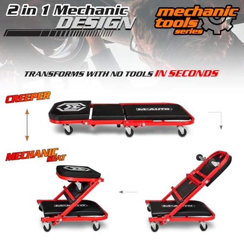 M-AUTO 40-Inch Folding Creeper Rolling Seat, All-in-One Adjustable Roller Garage Chair, Lay Down or Sit, 330LBS Capacity Under Car Roller Creeper with 6 Swivel Casters, Red