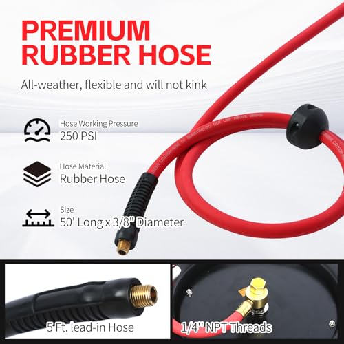 MaxWorks 50 Foot Auto Rewind Retractable Air Hose Reel with 3/8" Rubber Hose 250 PSI Heavy Duty Steel Spring Multi Position Ratchet and Solid Brass Fittings for Garage and Workshop (80720)