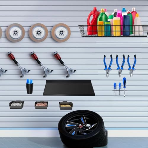 BeapTcely 40 Pcs Slatwall Accessories Set - Includes Metal Wire Baskets, Storage Bins, Hooks, Screwdriver Holders and Shelves for Garage and Room Storage