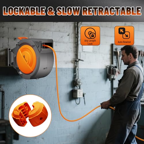 Dkenicor Retractable Air Hose Reel, 3/8" x 120ft Hybrid Hose, Auto Rewind Enclosed Air Compressor Hose Reel with 180° Swivel Bracket, Max 300 PSI Any Length Lock for Garage & Workshop
