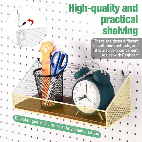 Ferrochef 3 Pack Pegboard Accessories Home Office Pegboard Organizer Baskets and Wood Shelves with Hook Peg Board Grid Wall Basket Fences Tool Storage Display for Kitchen Bathroom Garage(White)