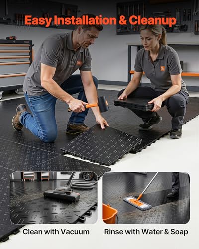 VEVOR Garage Floor Tiles 12 x 12 x 0.53 inch, Interlocking Design Ease of Installation Double-Sided Texture Non-Slip Sturdiness, for Garages, Basements, Repair Shops, Black, 50 Pack
