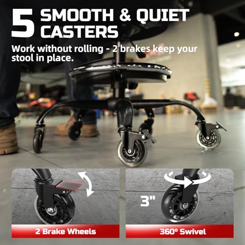 Rolling Shop Stool with Wheels, Garage Mechanic Stool Chair with Backrest, Height Adjustable Heavy Duty Swivel Task Chair, Adjustable Footrest with Storage Tray for Garage Kitchen Salon Tattoo (Black)