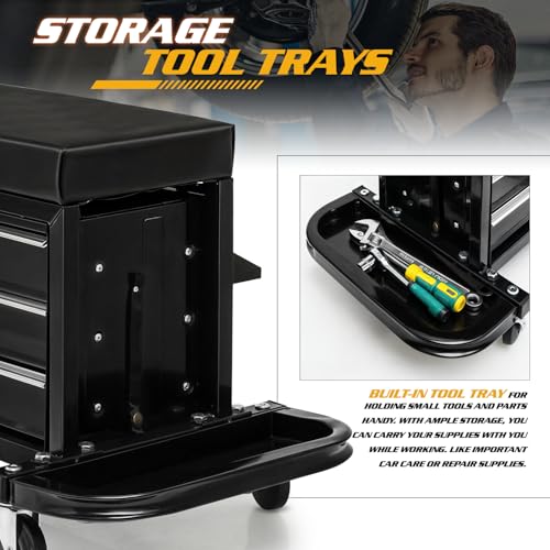 Magshion Garage Creeper Seat with 3-Drawer Storage, 350 lbs Capacity Rolling Mechanic Stool, Padded Shop Seat with Tool Tray, Adjustable Workshop Creeper Stool on Wheels for Auto Repair & Detailing