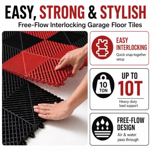 Japard Garage Floor Tiles, 20 Pack Interlocking Flooring Drainage 15.7 x 15.7 inch Covering 34 Sq Ft, Hard Plastic Easy to Install, Outdoor Indoor Basement Parking (Gray)