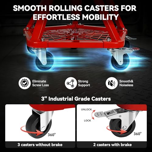 VigorTrek Rolling Shop Stool with Wheels and Adjustable Pneumatic Mechanic Stool, Heavy Duty Garage Stool & Shop Chair with Storage Tray, 300 lbs Capacity