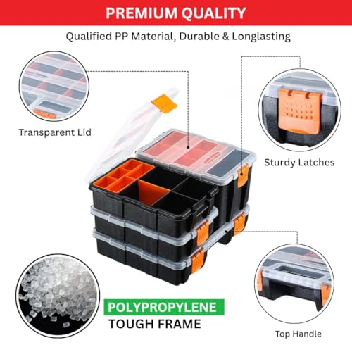 Andalus Tools Organizer Box, Small Parts Storage Multi-Compartment Portable Hardware Organizer Removable Plastic Dividers for Screws, Nuts, Bolts, Nails – Orange (4 Set, 12.2" x 9.1" x 7")