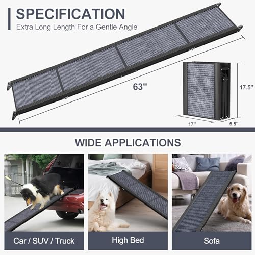 HerCcreta wigge Dog Ramp for Car 63" Long & 17" Wide Portable Dog Ramps for Large Dogs with Non-Slip Rug Surface Dog Car Ramp for SUV Car & Truck, Folding Dog Ramp Up to 250LBS