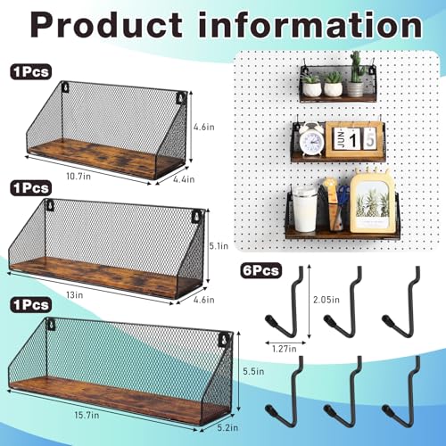 Ferrochef 3 Pack Pegboard Shelves with Hooks, Wall Mounted Grid Shelves, Pegboard Organizer Bins with Wooden Base, Heavy Duty Peg Board Storage Accessories for Kitchen, Bathroom, Garage, Office(Black)