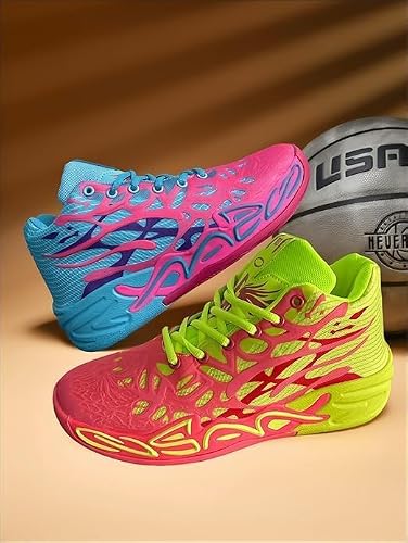 Y2K Basketball Boots Mesh Breathable Fire Stylish Shoes for Sports and Casual Wear with Unique Flame Design Mid-Top Casual Ankle (Blue+Green,8)