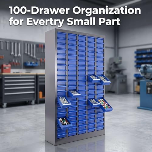 Customizable 100 Drawer Storage Cabinet, 21"x8.66"x24.8" ABS Steel Small Parts Organizer, Adjustable Hardware Bin with Partition Plates & Labels for Screws Nails Fasteners Garage