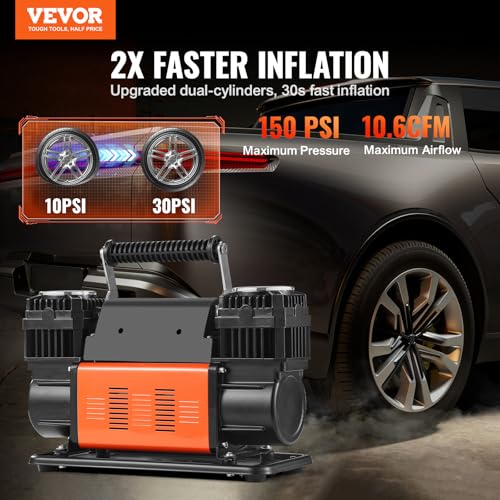 VEVOR 10.6 CFM Heavy Duty Air Compressor, 30s Fast Inflation | Dual-Cylinder Portable Tire Inflator, 12V 150PSI Offroad Air Pump with Adapters for Trucks Car SUV 4 x 4 Vehicle RV