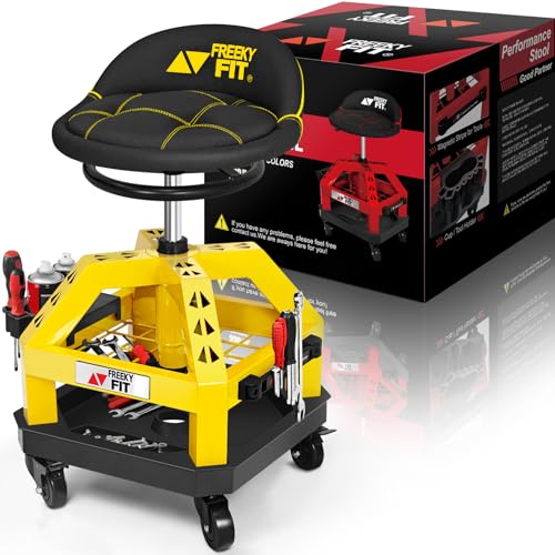 FreekyFit Rolling Shop Stool for Garage with Casters, DO02-Adjustable Height 360° Swivel Shop Seat with Tool Tray Storage, 330 LBS Capacity Padded Mechanic Stool, Magnetic Tool Hold, Heavy Duty,Yellow