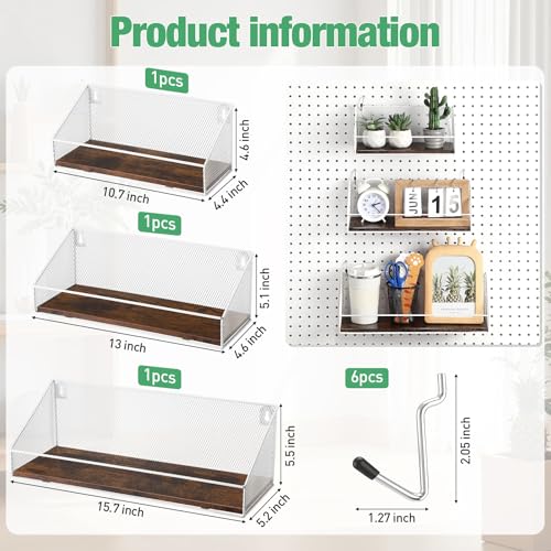 Ferrochef 3 Pack Pegboard Accessories Home Office Pegboard Organizer Baskets and Wood Shelves with Hook Peg Board Grid Wall Basket Fences Tool Storage Display for Kitchen Bathroom Garage(White)