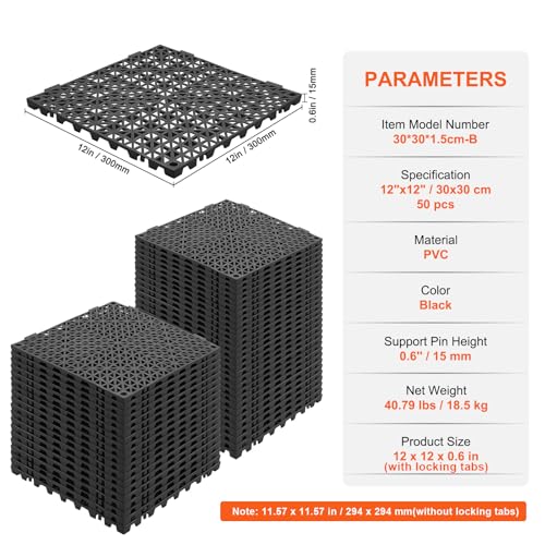 VEVOR Interlocking Tile 50PCS Black, Drainage Tiles 12" x 12" Splicing, Soft PVC Interlocking Drainage Floor Tiles, Non-Slip Drainage Holes for Restroom, Bathroom, Kitchen, Pool, Wet Areas