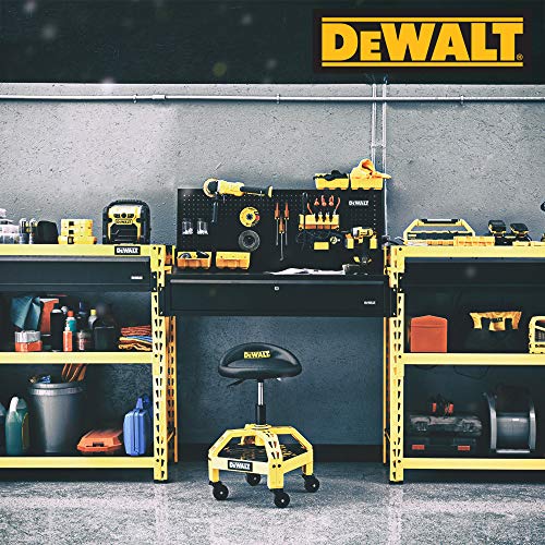 DEWALT Heavy Duty Adjustable Rolling Shop Stool, 360-degree Swivel Industrial Garage Stool with Padded Seat, Storage Shelf, Removable Wheels