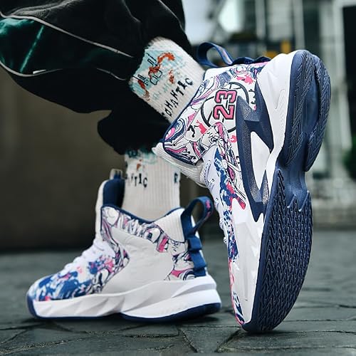 Aiscahent Kids Basketball Shoes, Running Walking Shoes Breathable Comfortable Boys Sneakers for Little/Big Kids White Blue