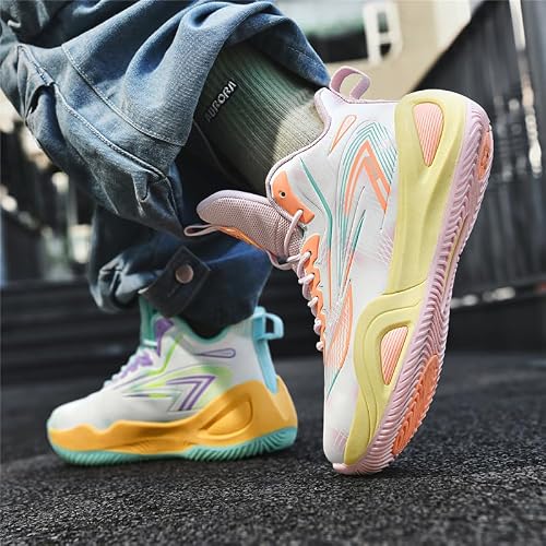 KIUSMETY Girls Boys Basketball Shoes High Top Fashion Volleyball Kids Non Slip Comfortable Indoor Outdoor Sneakers Greenpink Size 4 Big Kid