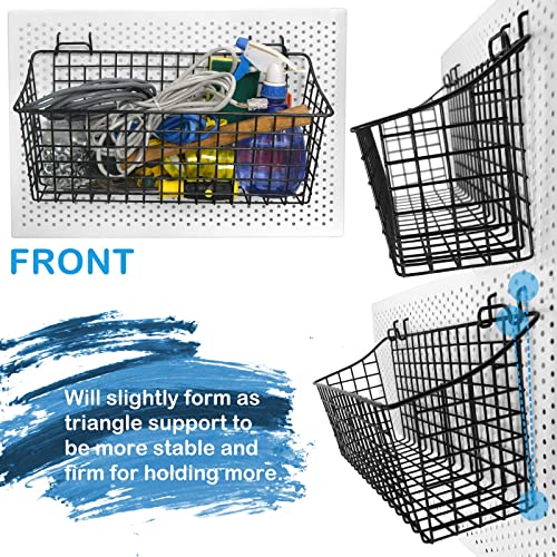 G.CORE 2 Pack Pegboard Baskets, Black Metal Shelves Hooks to 1/8" and 1/4" Hole Peg Boards, Peg Board Baskets Bins Set - Tools Workbench Garage Storage Wall Mount Organizer Attachments (2 Large)
