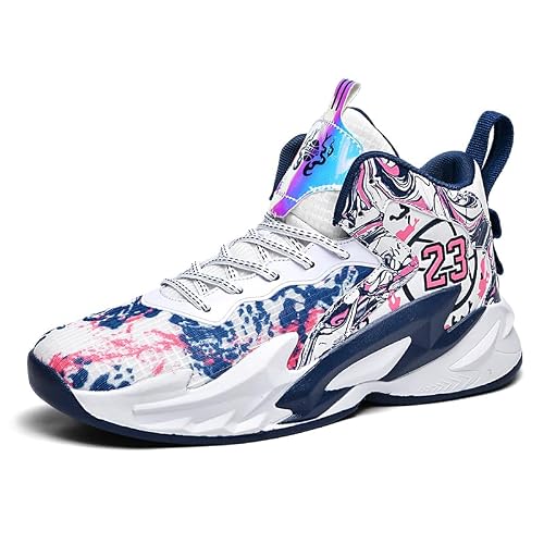 Aiscahent Kids Basketball Shoes, Running Walking Shoes Breathable Comfortable Boys Sneakers for Little/Big Kids White Blue