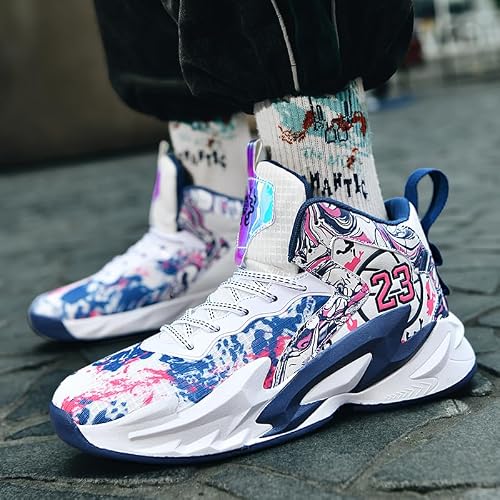 Aiscahent Kids Basketball Shoes, Running Walking Shoes Breathable Comfortable Boys Sneakers for Little/Big Kids White Blue