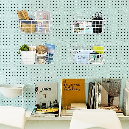 Pegboard Baskets 4 Pack Peg Board Metal Shelves Organizers (Medium, White)