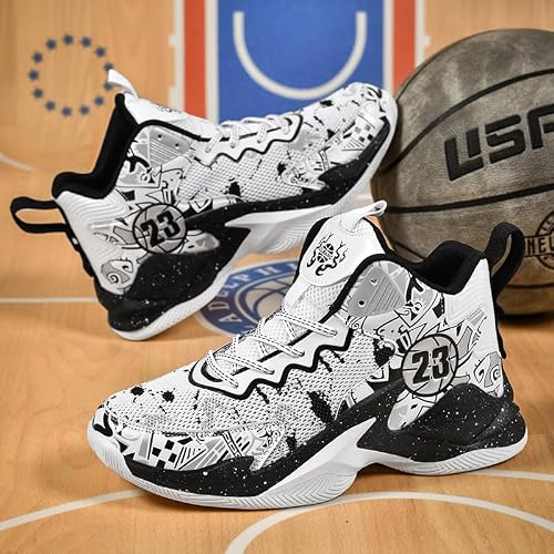 Jevaloo Boy's Basketball Shoes Lightweight Fashion Sneakers White Black