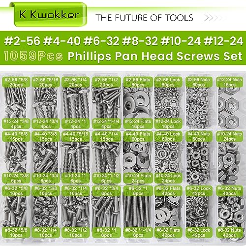 1059Pcs Nuts and Bolts Assortment Kit Phillips Pan Head #2-56#4-40#6-32#8-32#10-24#12-24 Machine Screws, K Kwokker 26 Sizes 304 Stainless Steel Screws Nut and Bolt Assortment with Screw Organizer
