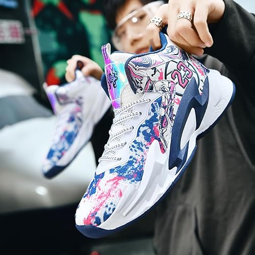 Aiscahent Kids Basketball Shoes, Running Walking Shoes Breathable Comfortable Boys Sneakers for Little/Big Kids White Blue
