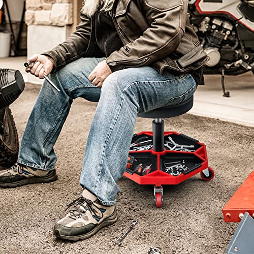 Goplus Rolling Garage Stool, 16”-22” Adjustable Mechanic Stool with Universal Wheels, Removable Magnetic Tool Tray, 2” Thick Padded Cushion, 330LBS Capacity, Roller Creeper Seat, Shop Chair