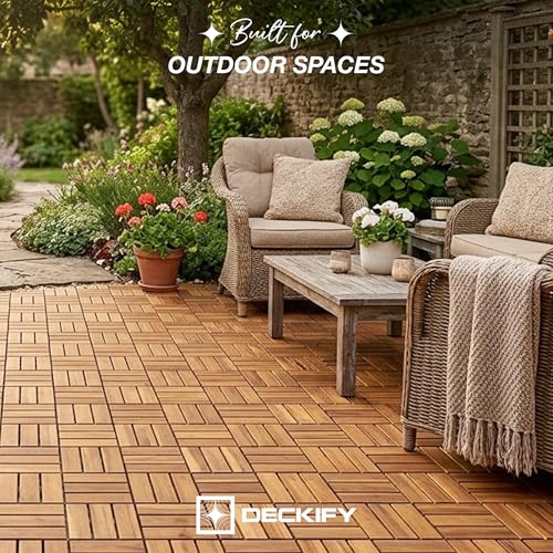 DECKIFY 9-Piece Acacia Wood Interlocking Deck Tiles, Golden Teak Crossed