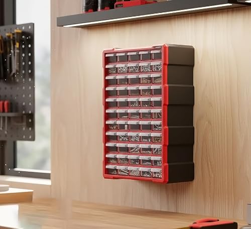 INTERTOOL Small Parts Organizer for Hardware & Screws | 60 Removable Bins with Dividers | Wall Mount or Desktop Craft & Lego Storage Cabinet | 19” x 15” x 6” BX08-4016