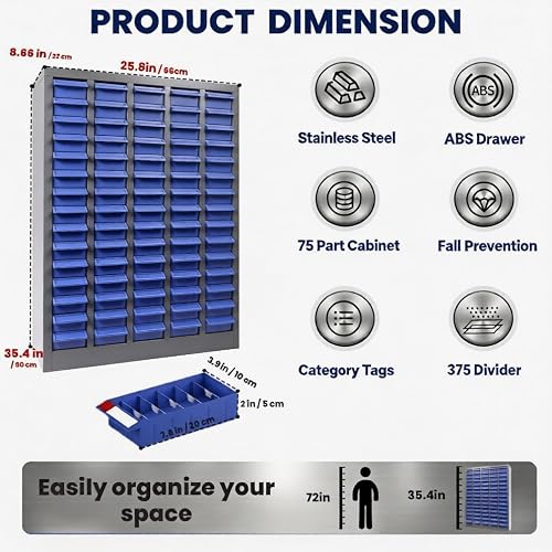 75 Drawers Parts Cabinet Bolt and Nut Tool Storage Cabinet, ABS Material Hardware Organizer, Part Drawer Bolt Bin with Shelf and Label, Tool Organizer Bolt Bins Organizer for Shop (75 Drawers)