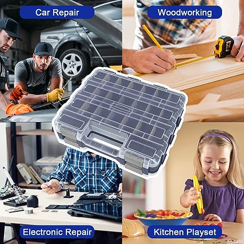 Double Side Tool Box Organizer, Hardware Storage Box, Portable Small Parts Organizer with Removable Plastic Dividers for Screws, Nuts, Nails, Bolts, Grey