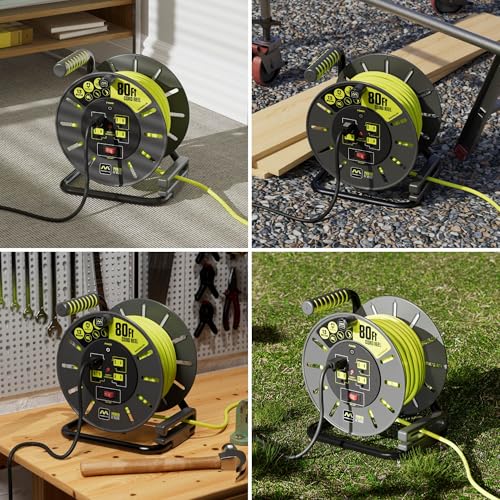 Masterplug 80ft Cord Reel, Retractable Extension Lead with Winding Handle, Safety Overload Circuit Breaker and Power Switch, 4X Grounded Outlets, 13amps, 14AWG Cable