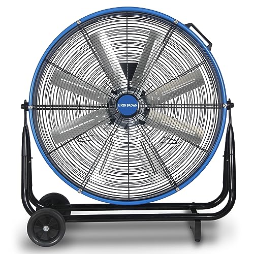 KEN BROWN 24 Inch Industrial Drum Fan, High Velocity Floor Shop Fan, Heavy Duty, 9500 CFM, 8 Blades, 3 Speeds, 360 Degree Tilt, Ideal for Industrial, Commercial, Gym, Garage Use, Blue