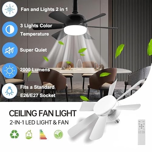 2Pack Socket Fan Light, LED Socket Ceiling Fans with Lights and Remote, 18 Inch Low Profile Screw in Ceiling Fan Light, Dimmable 3000-6500K Fan Light Bulb for Bedroom, Kitchen, Laundry Room, Garage