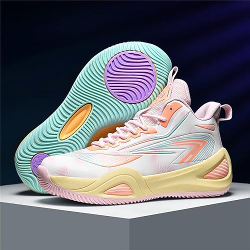 KIUSMETY Girls Boys Basketball Shoes High Top Fashion Volleyball Kids Non Slip Comfortable Indoor Outdoor Sneakers Greenpink Size 4 Big Kid