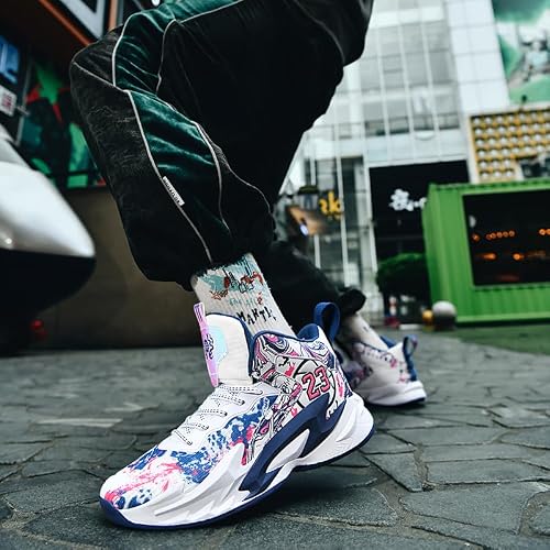 Aiscahent Kids Basketball Shoes, Running Walking Shoes Breathable Comfortable Boys Sneakers for Little/Big Kids White Blue