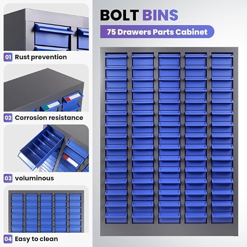 75-Drawer Bolt Bin Cabinet with Label Holders and Dividers, Nuts and Bolts Organizer for Screws, Fasteners and Small Hardware, Parts Storage for Garage, Workshop, Home Office